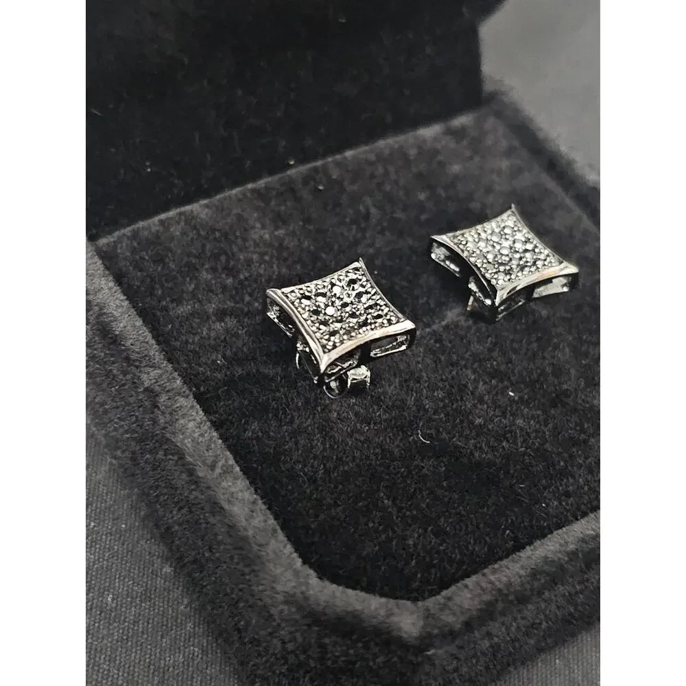 .925 Sterling Silver Black Square 7.5mm Earrings with black prong set CZs